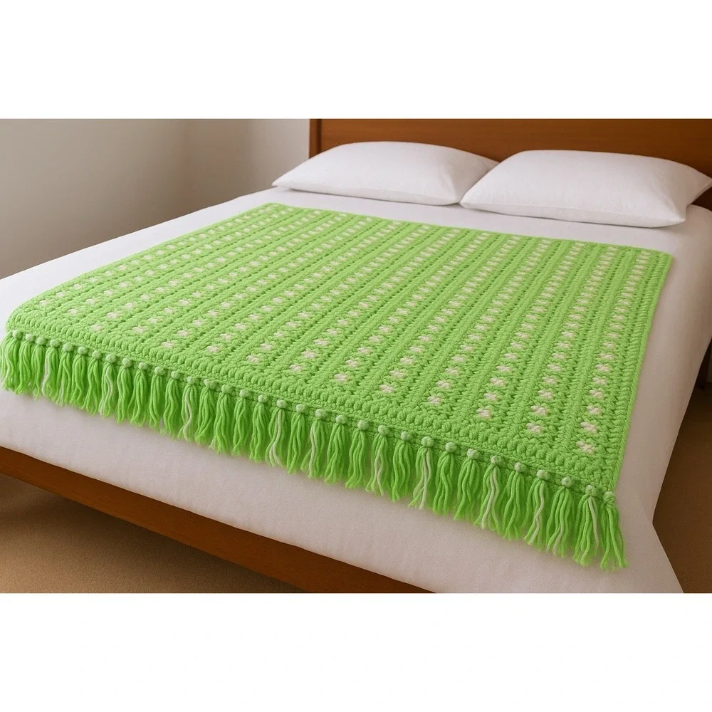 VTG Crochet Granny Square Blanket Green White Fringe Cottage Grandma 83X63 In
